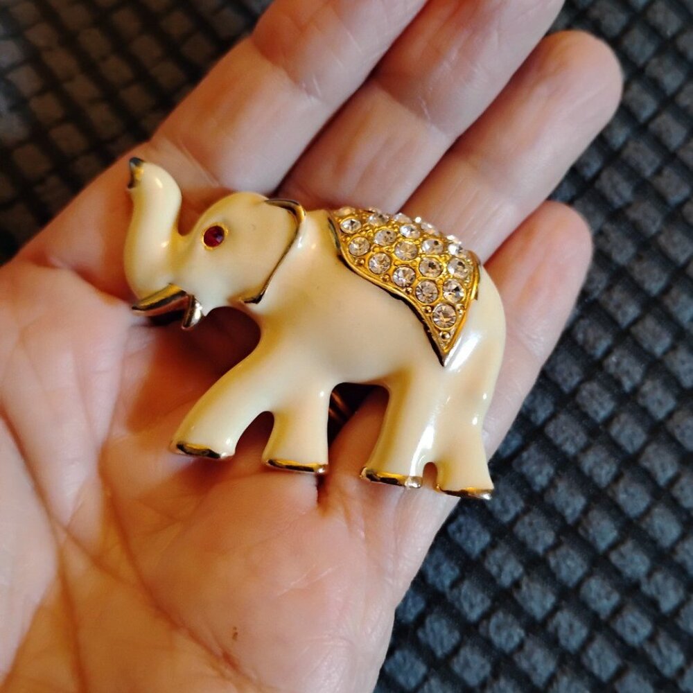 Cream Enamel Elephant Brooch with Gold Red & Clear White Crystals Accents
